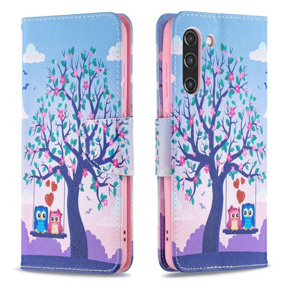 Leren Hoesje voor Samsung Galaxy S21 FE Uilen Op De Schommel