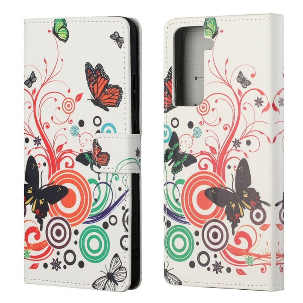 Leren Hoesje voor Samsung Galaxy S21 FE Vlinders En Bloemen