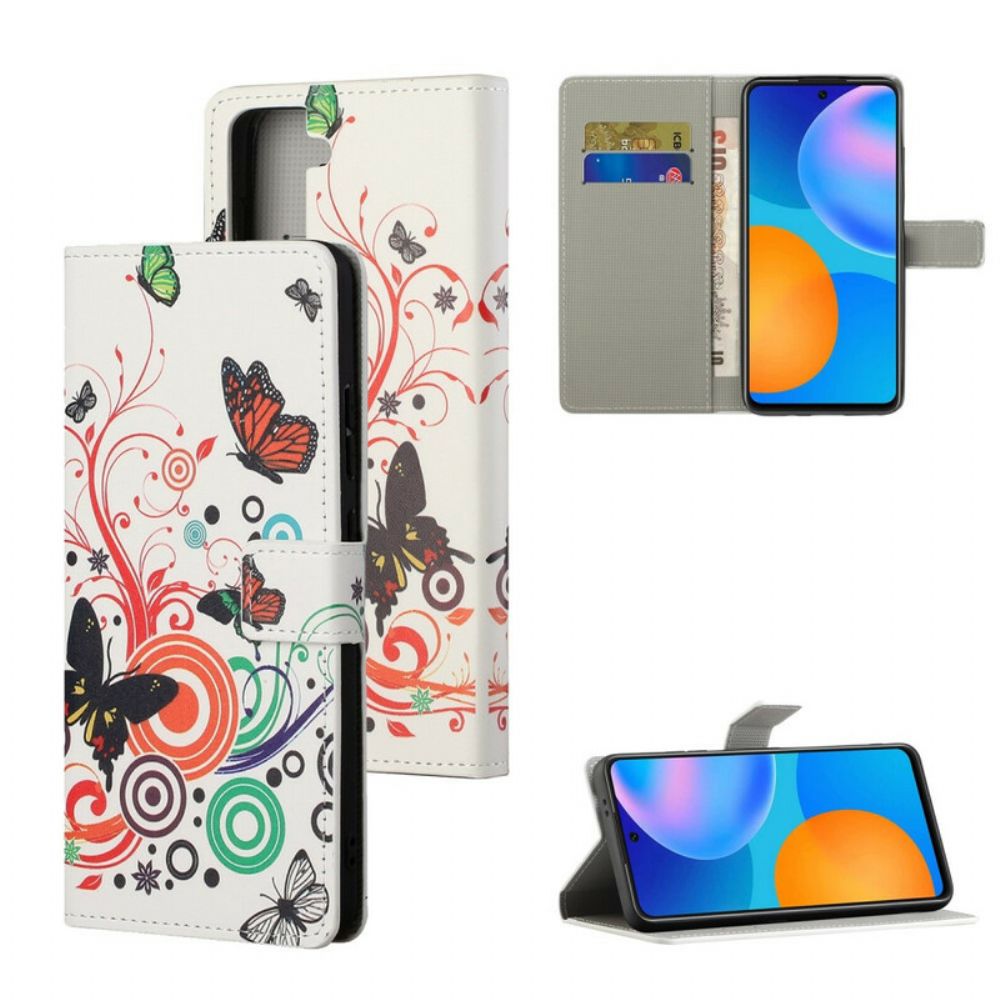 Leren Hoesje voor Samsung Galaxy S21 FE Vlinders En Bloemen