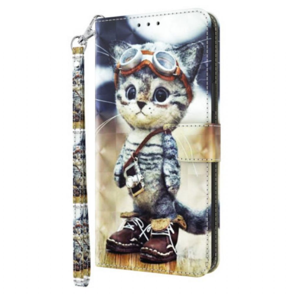 Leren Hoesje voor iPhone 15 Pro Max Met Ketting Vliegenier Kat Met Riem