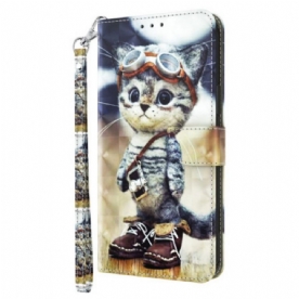 Leren Hoesje voor iPhone 15 Pro Max Met Ketting Vliegenier Kat Met Riem