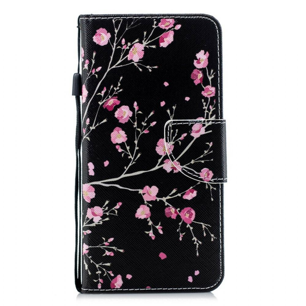 Flip Case voor Samsung Galaxy A51 5G Roze Bloemen Op Zwarte Achtergrond