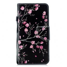 Flip Case voor Samsung Galaxy A51 5G Roze Bloemen Op Zwarte Achtergrond