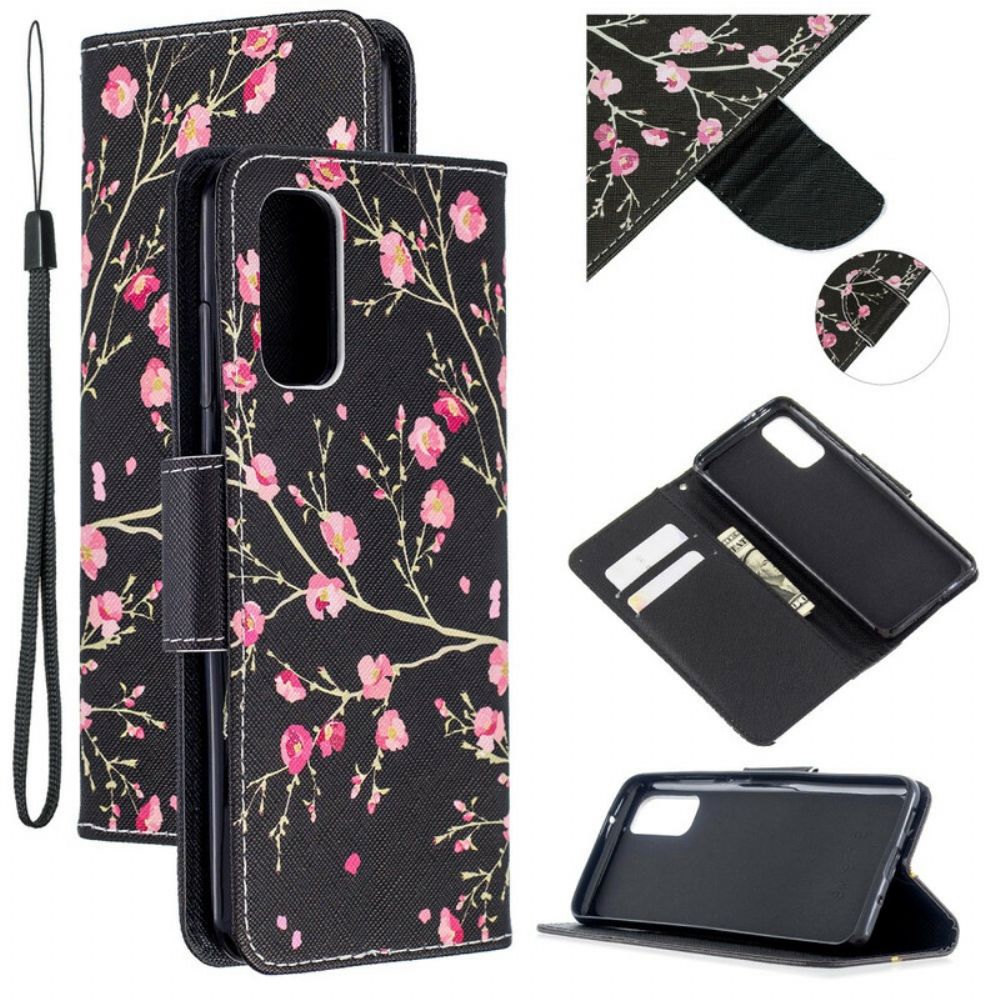 Flip Case voor Samsung Galaxy A51 5G Roze Bloemen Op Zwarte Achtergrond