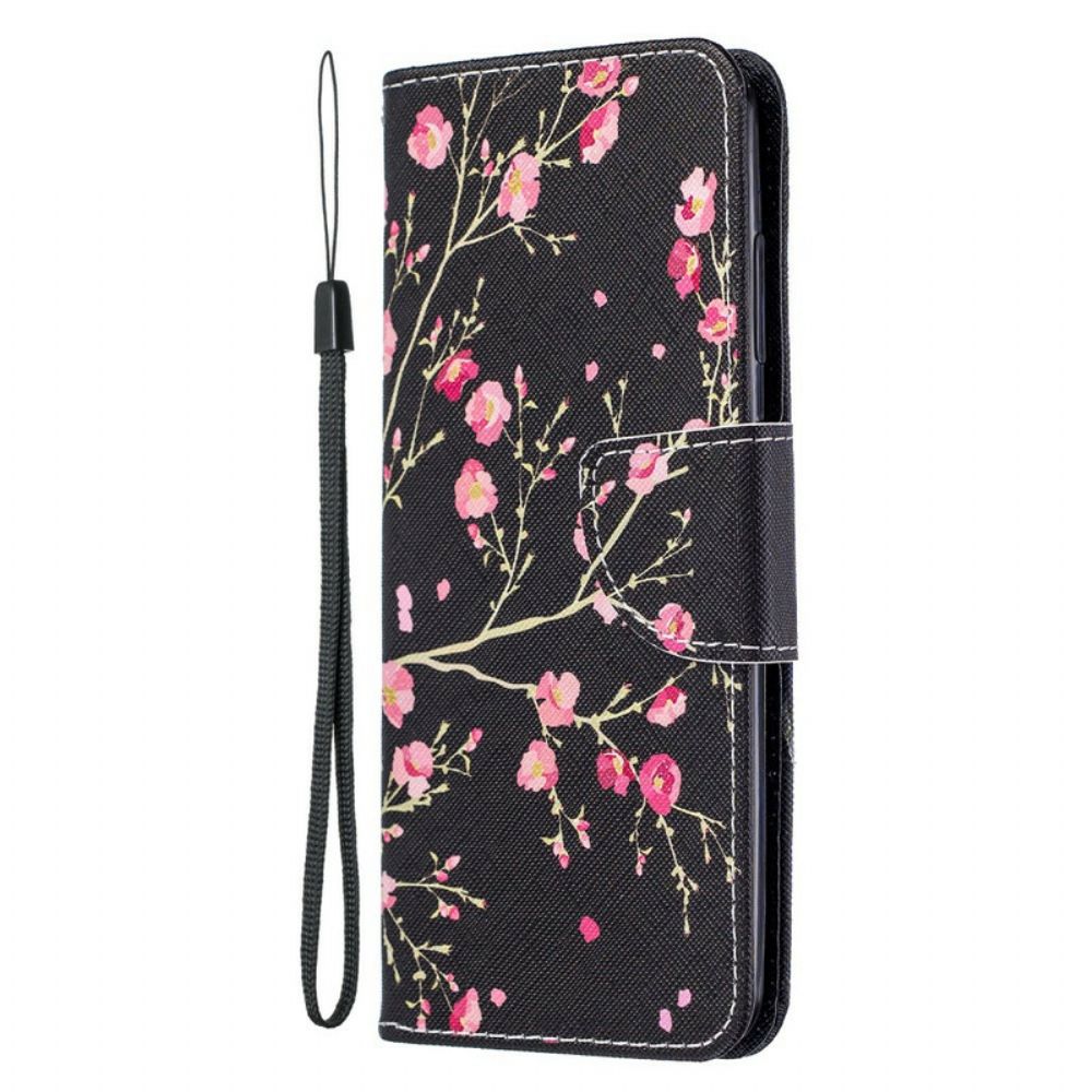 Flip Case voor Samsung Galaxy A51 5G Roze Bloemen Op Zwarte Achtergrond