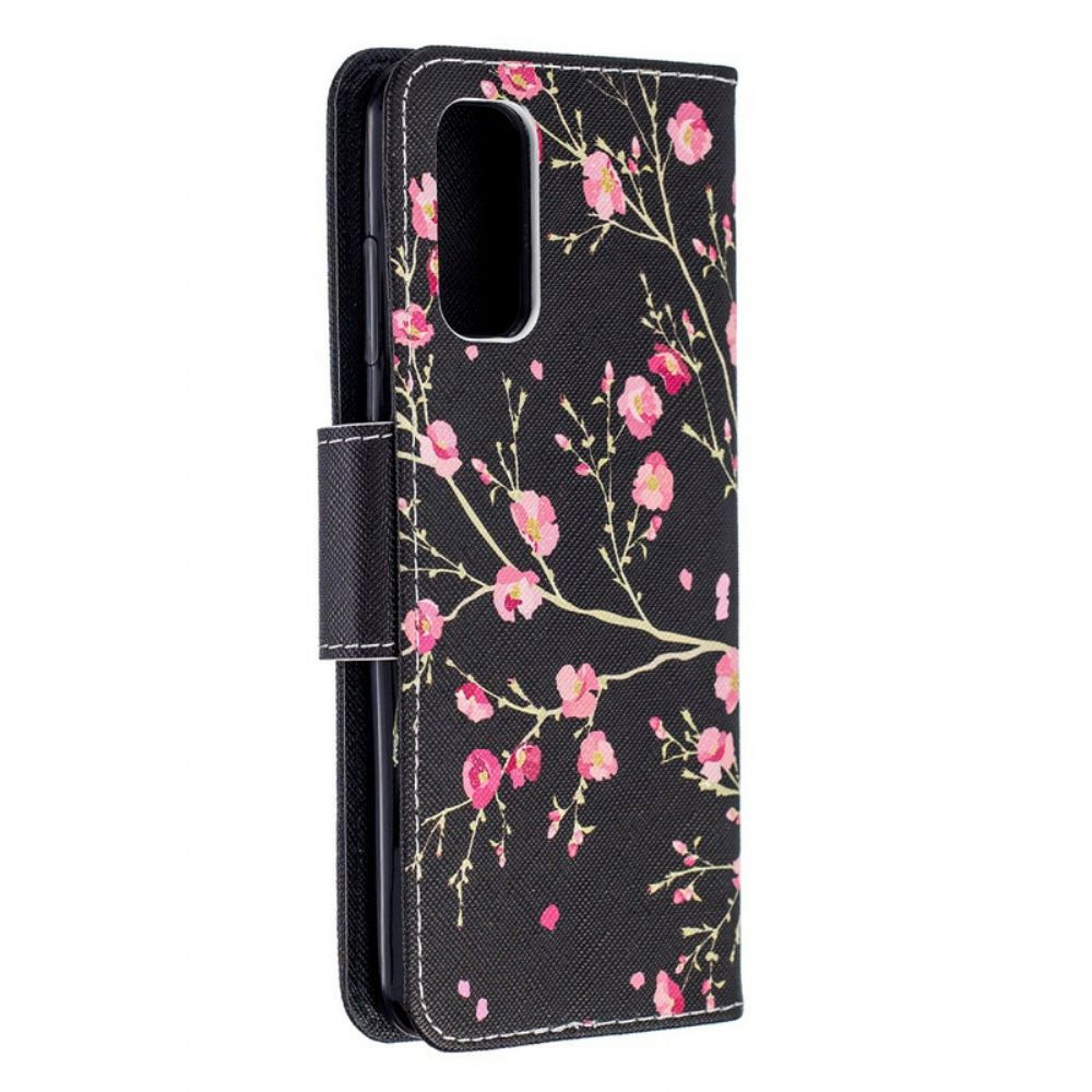 Flip Case voor Samsung Galaxy A51 5G Roze Bloemen Op Zwarte Achtergrond