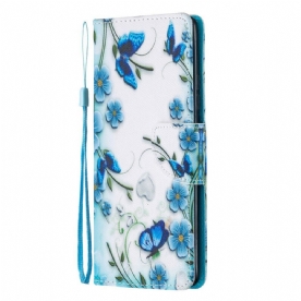 Folio-hoesje voor Samsung Galaxy A51 5G Met Ketting Blauwe Vlinders En Bloemen Met Riem