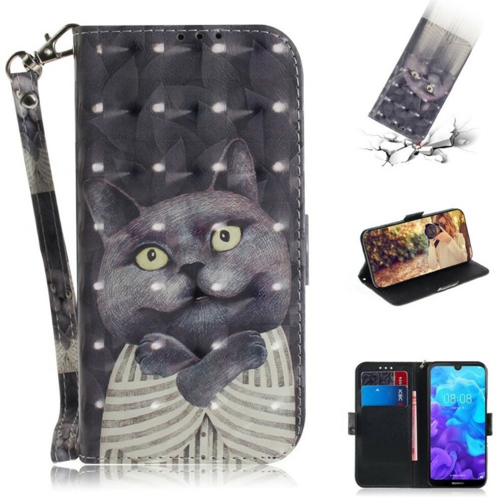 Leren Hoesje voor / Honor 8S Met Ketting Grijze Kat Met Bandjes