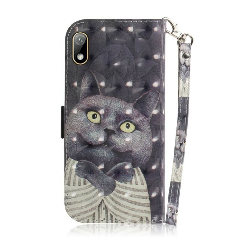 Leren Hoesje voor / Honor 8S Met Ketting Grijze Kat Met Bandjes