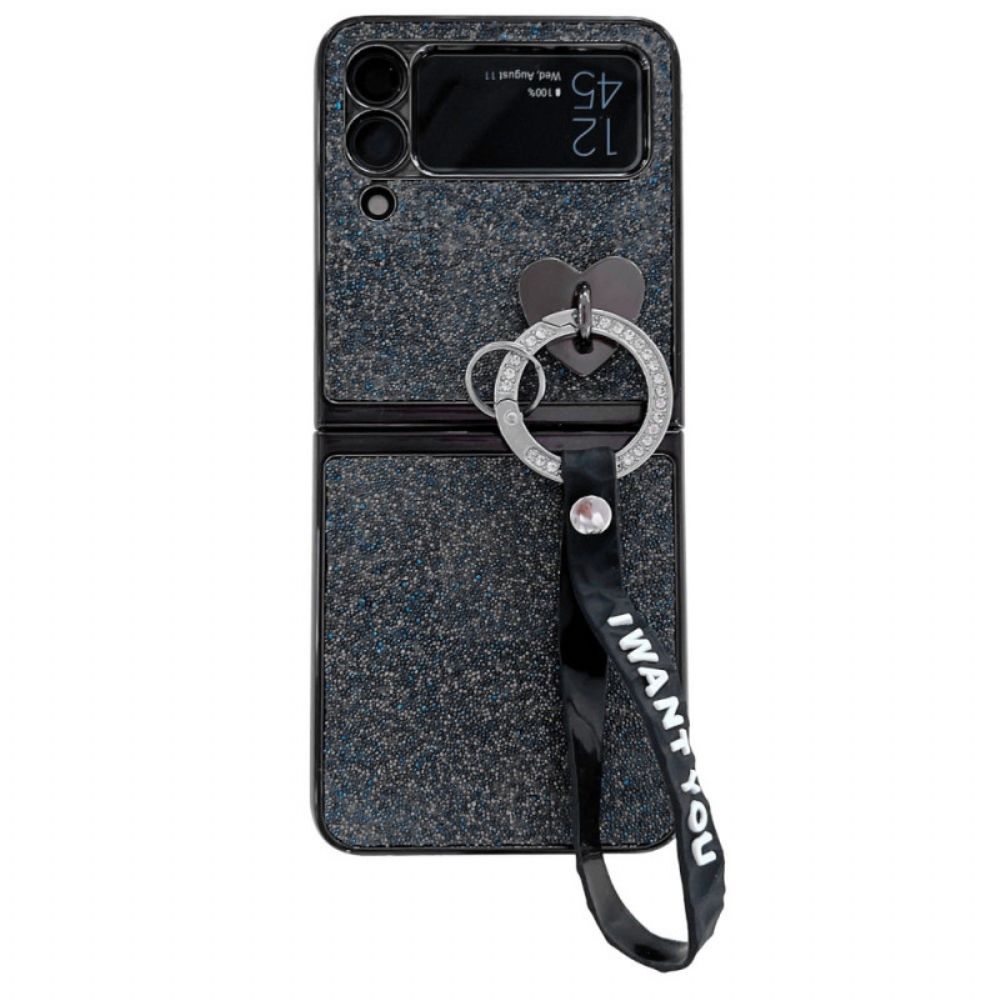 Hoesje voor Samsung Galaxy Z Flip 3 5G Folio-hoesje Pailletten Charms En Lanyard