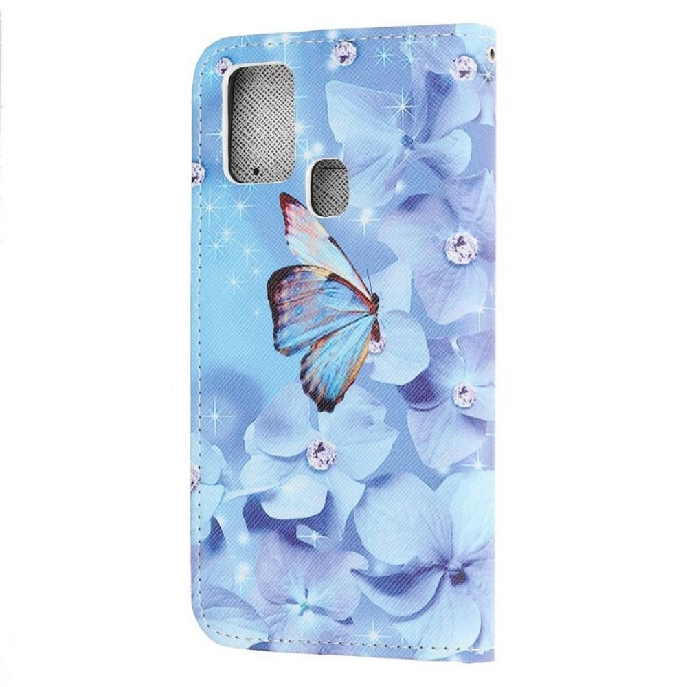 Folio-hoesje voor Honor 9X Lite Met Ketting Vlinders Met Diamanten Band