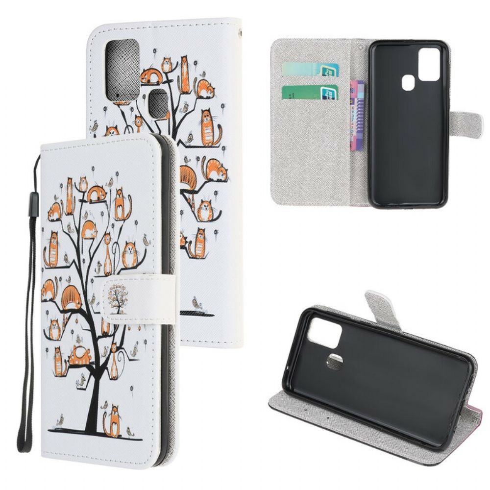 Leren Hoesje voor Honor 9X Lite Met Ketting Funky Katten Met Riem