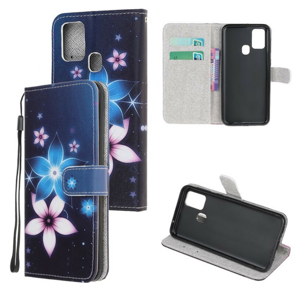 Leren Hoesje voor Honor 9X Lite Met Ketting Maanband Bloemen