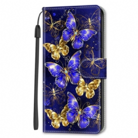 Bescherming Hoesje Samsung Galaxy S24 5g Gouden En Blauwe Vlinders Met Riem