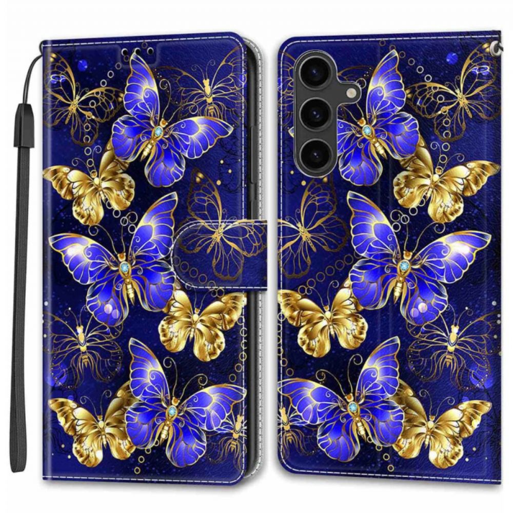 Bescherming Hoesje Samsung Galaxy S24 5g Gouden En Blauwe Vlinders Met Riem