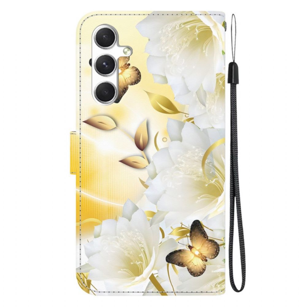 Bescherming Hoesje Samsung Galaxy S24 5g Gouden Vlinder En Bloemen Met Riempje