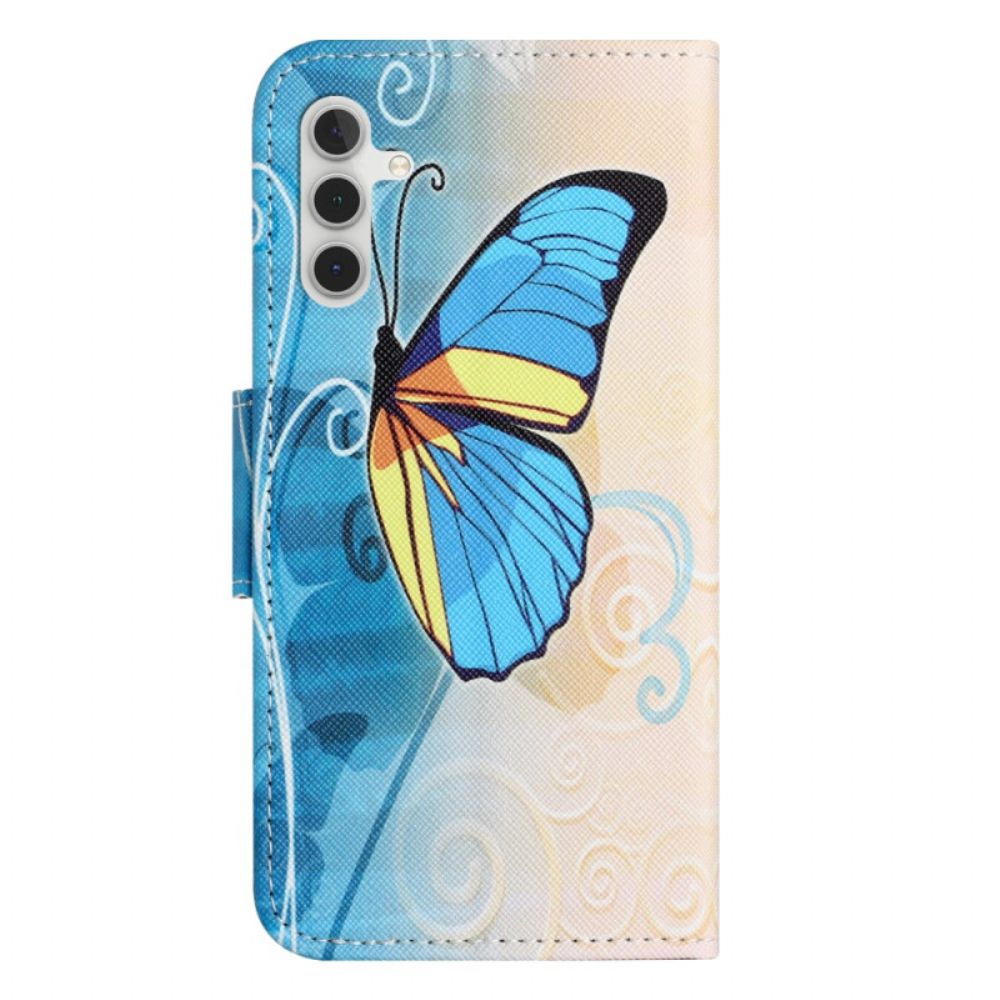 Flip Case Leren Samsung Galaxy S24 5g Blauwe En Gele Vlinder Met Riem