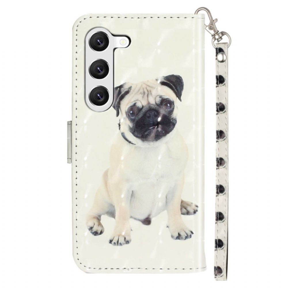 Flip Case Leren Samsung Galaxy S24 5g Kleine Mopshond Met Draagkoord