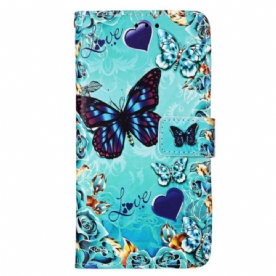 Flip Case Leren Samsung Galaxy S24 5g Vlinders En Harten Met Riempje