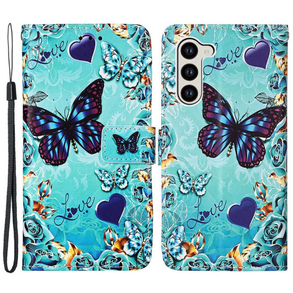 Flip Case Leren Samsung Galaxy S24 5g Vlinders En Harten Met Riempje