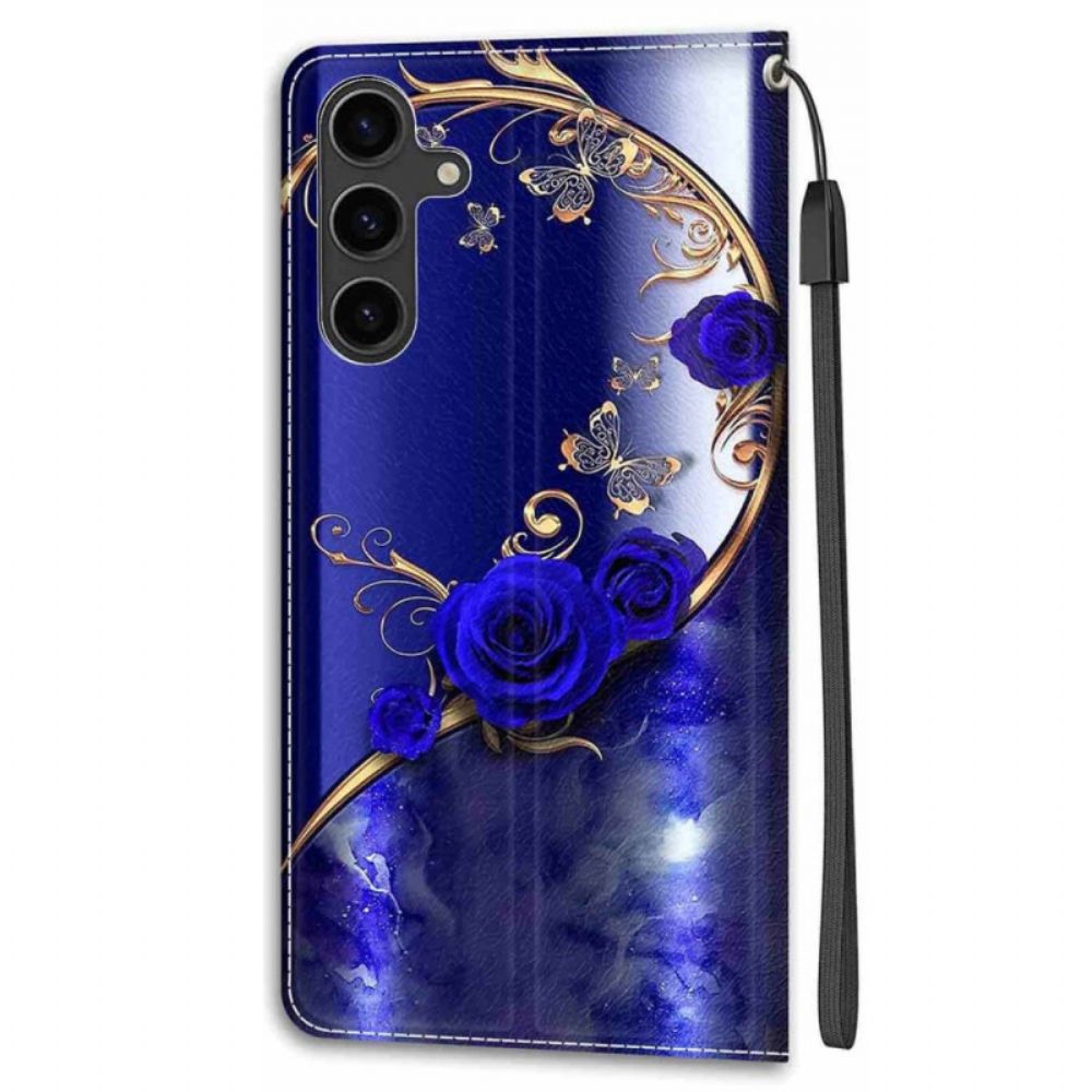 Leren Hoesje Samsung Galaxy S24 5g Blauwe Rozen En Gouden Vlinders Met Riem Bescherming Hoesje