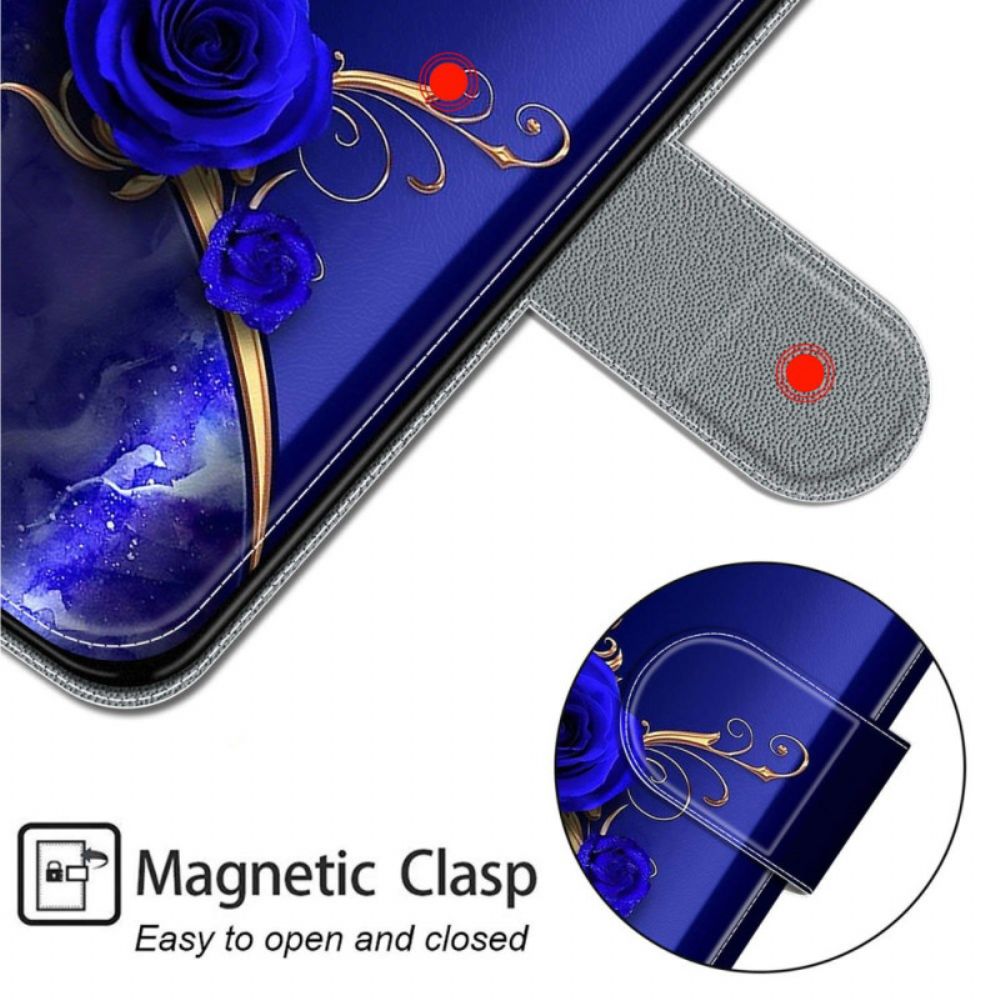 Leren Hoesje Samsung Galaxy S24 5g Blauwe Rozen En Gouden Vlinders Met Riem Bescherming Hoesje