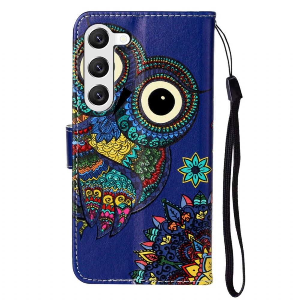 Leren Hoesje Samsung Galaxy S24 5g Blauwe Uil Met Riem Bescherming Hoesje