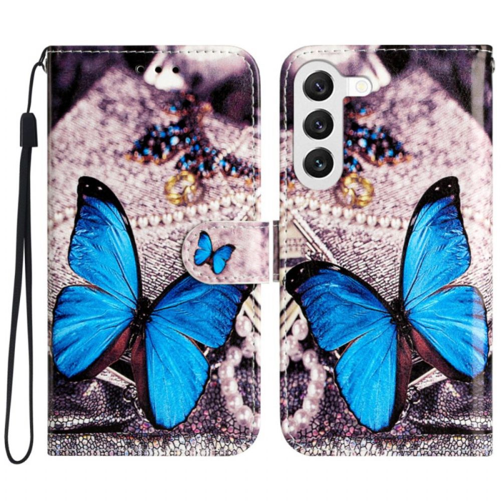 Leren Hoesje Samsung Galaxy S24 5g Blauwe Vlinder Met Riem Bescherming Hoesje