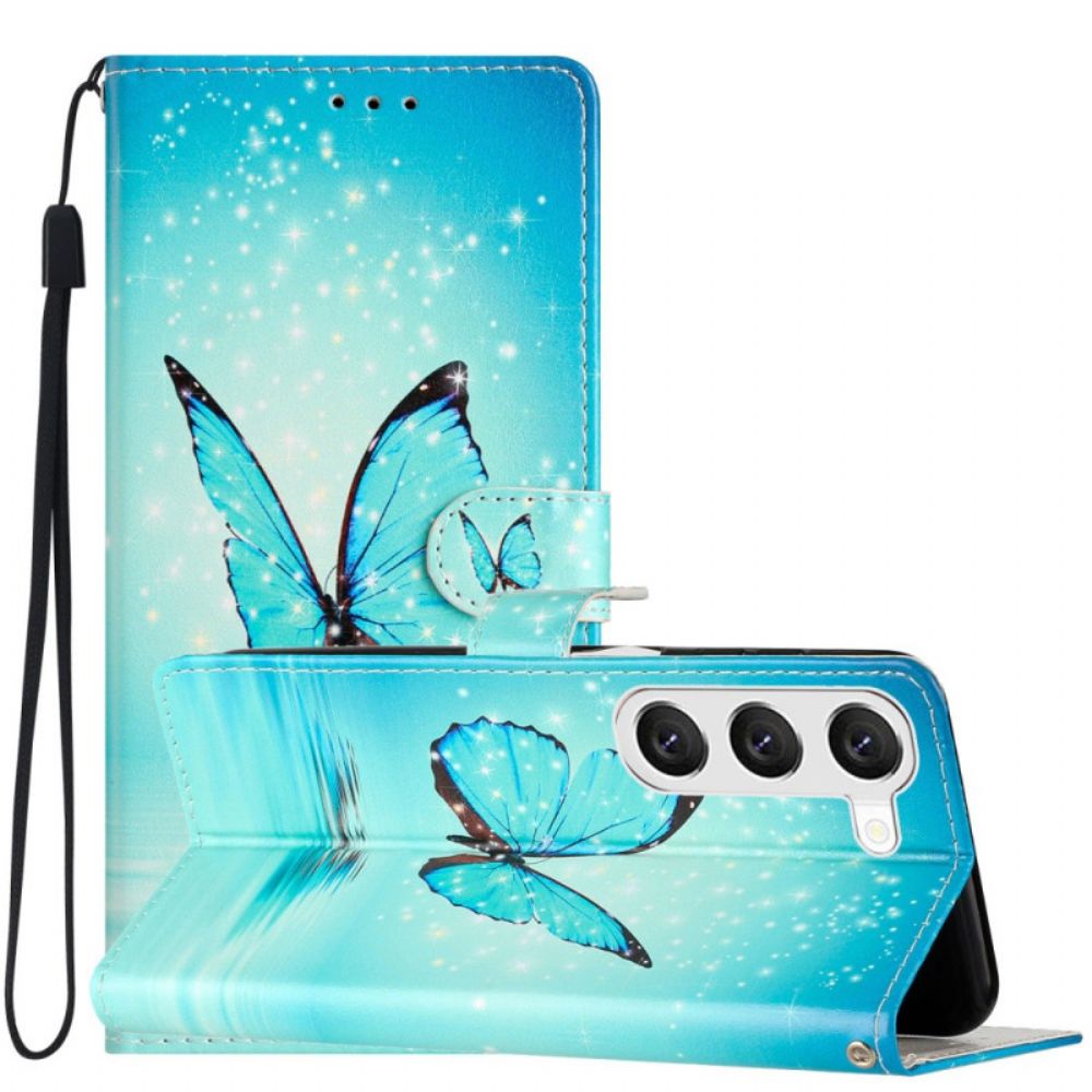 Leren Hoesje Samsung Galaxy S24 5g Blauwe Vlinders Met Riem