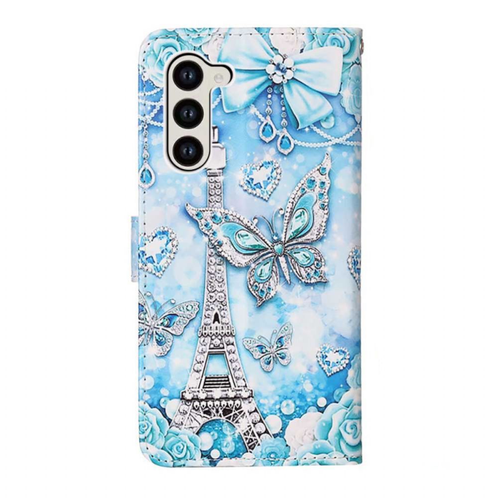 Leren Hoesje Samsung Galaxy S24 5g Eiffeltoren En Vlinders Met Riem Bescherming Hoesje