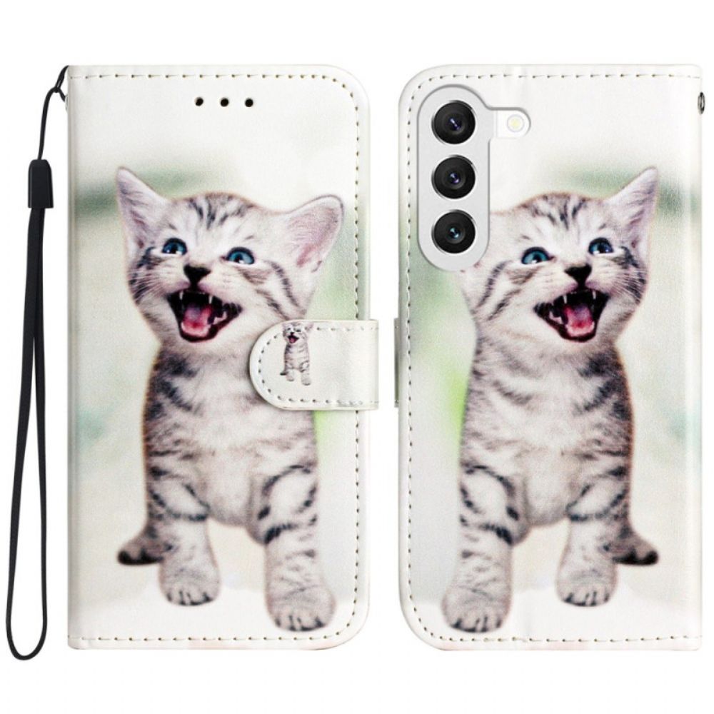 Leren Hoesje Samsung Galaxy S24 5g Grappig Katje Met Riem Bescherming Hoesje