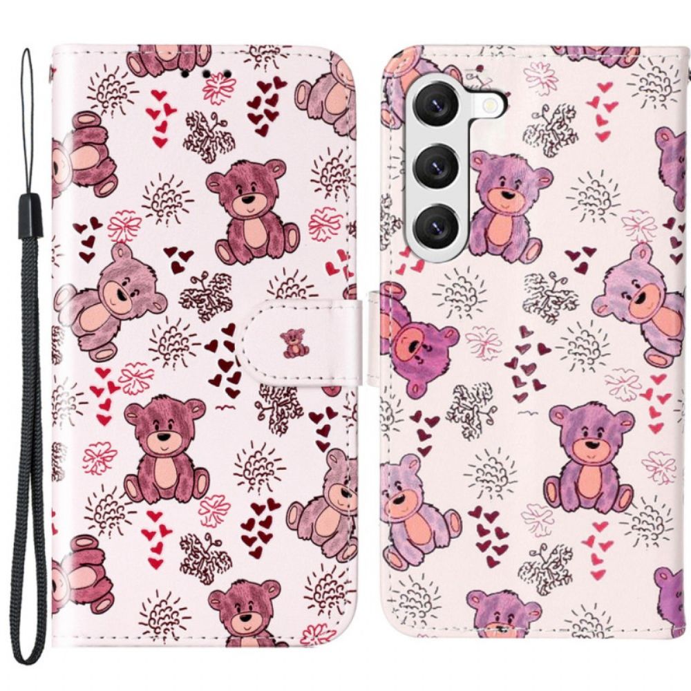 Leren Hoesje Samsung Galaxy S24 5g Kleine Teddyberen Met Riem Bescherming Hoesje