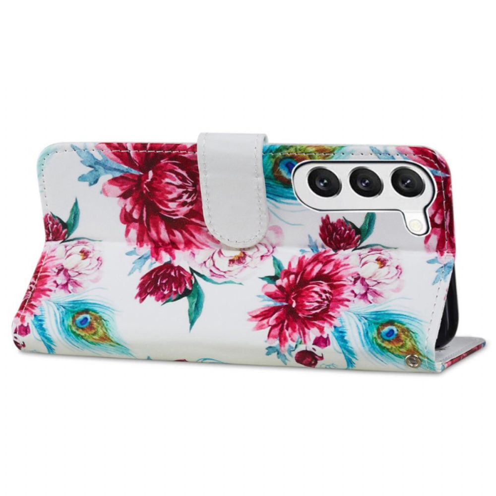 Leren Hoesje Samsung Galaxy S24 5g Kleurrijke Bloemen Met Riempje