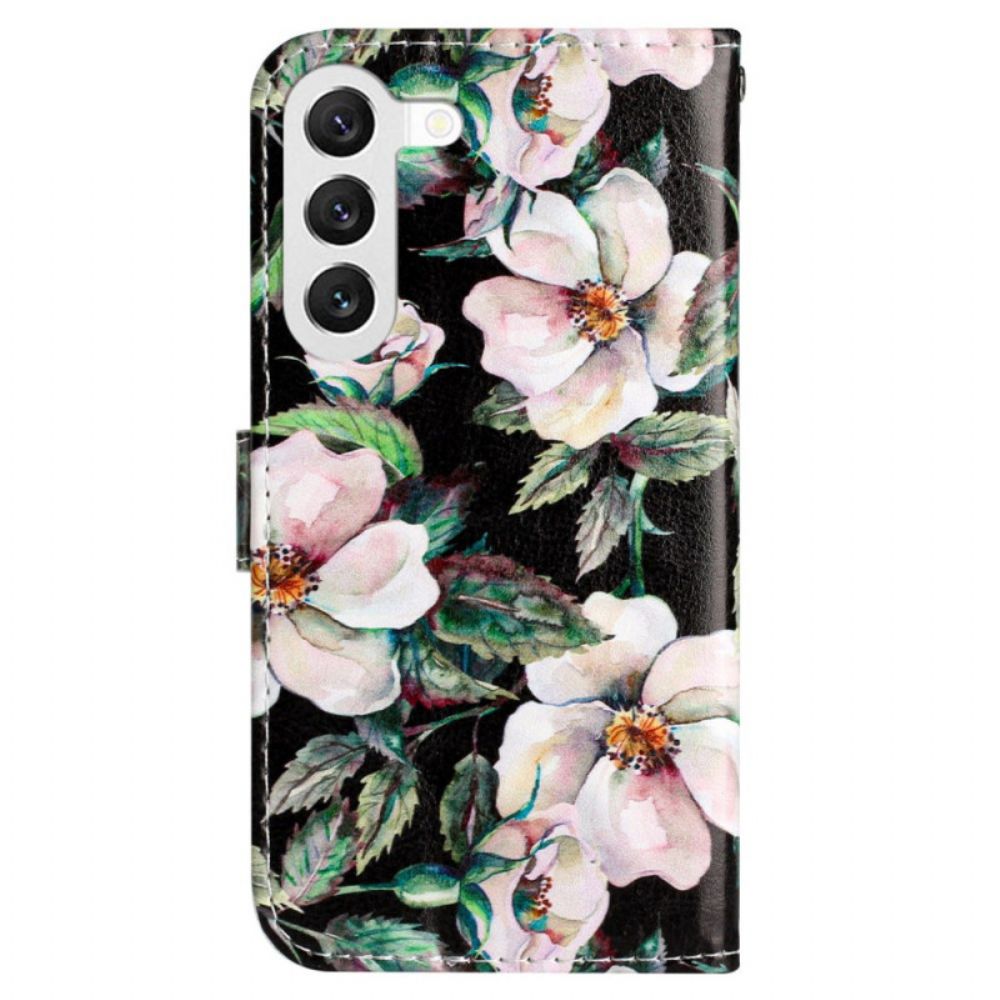 Leren Hoesje Samsung Galaxy S24 5g Magnoliapatroon Met Riem Bescherming Hoesje