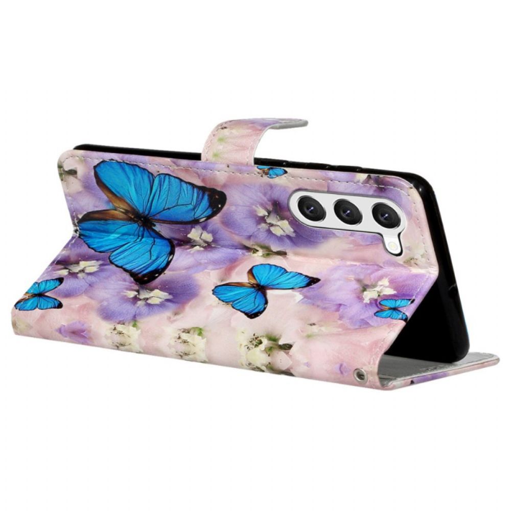 Leren Hoesje Samsung Galaxy S24 5g Paarse Bloemen En Vlinders Met Riempje Bescherming Hoesje