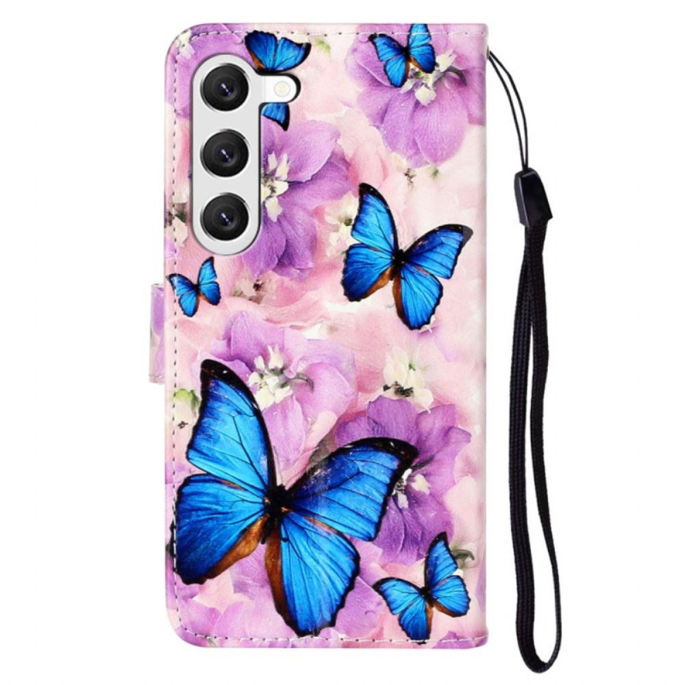 Leren Hoesje Samsung Galaxy S24 5g Paarse Bloemen En Vlinders Met Riempje Bescherming Hoesje