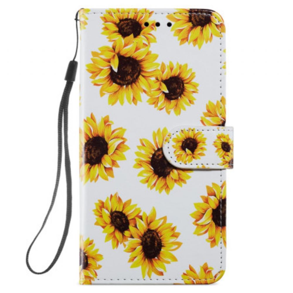 Leren Hoesje Samsung Galaxy S24 5g Riem Zonnebloemen Bescherming Hoesje