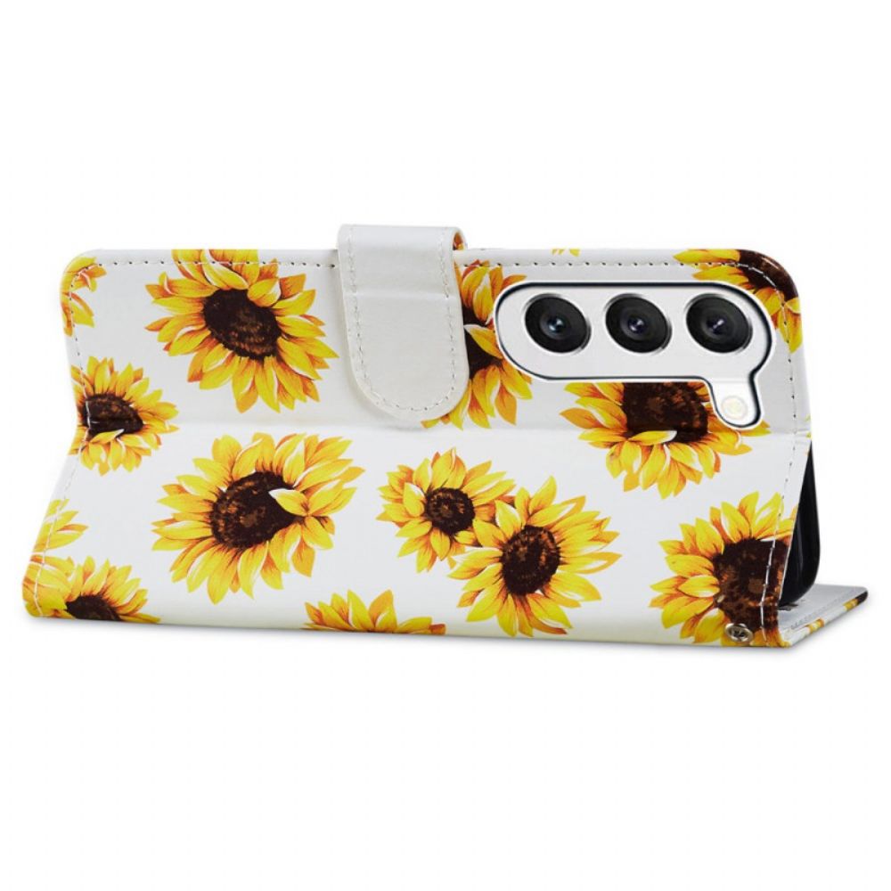 Leren Hoesje Samsung Galaxy S24 5g Riem Zonnebloemen Bescherming Hoesje