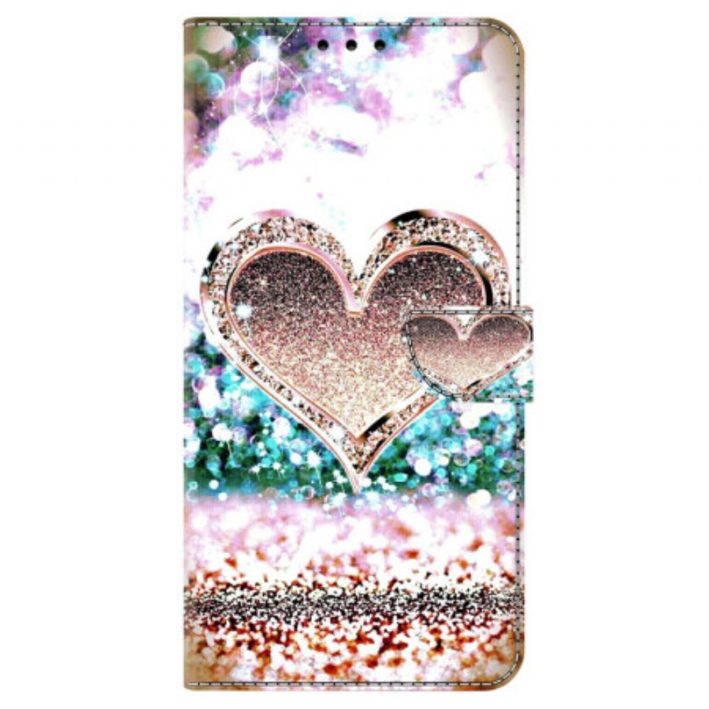 Leren Hoesje Samsung Galaxy S24 5g Roze Diamanten Hart Bescherming Hoesje