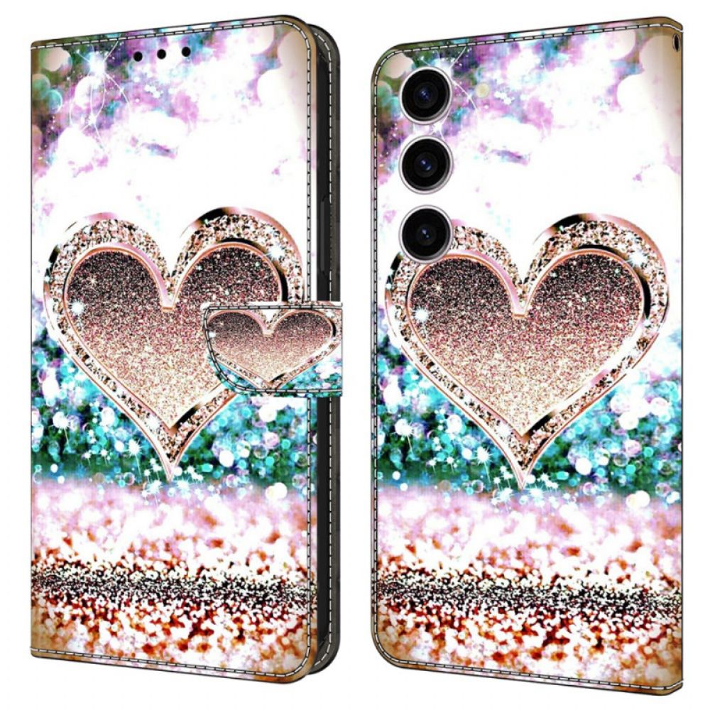 Leren Hoesje Samsung Galaxy S24 5g Roze Diamanten Hart Bescherming Hoesje