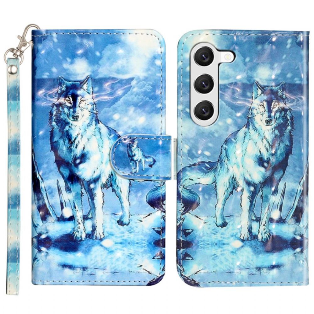 Leren Hoesje Samsung Galaxy S24 5g Sneeuwwolf Met Riem Bescherming Hoesje