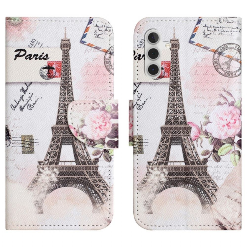 Leren Hoesje Samsung Galaxy S24 5g Vintage Eiffeltoren Met Riem