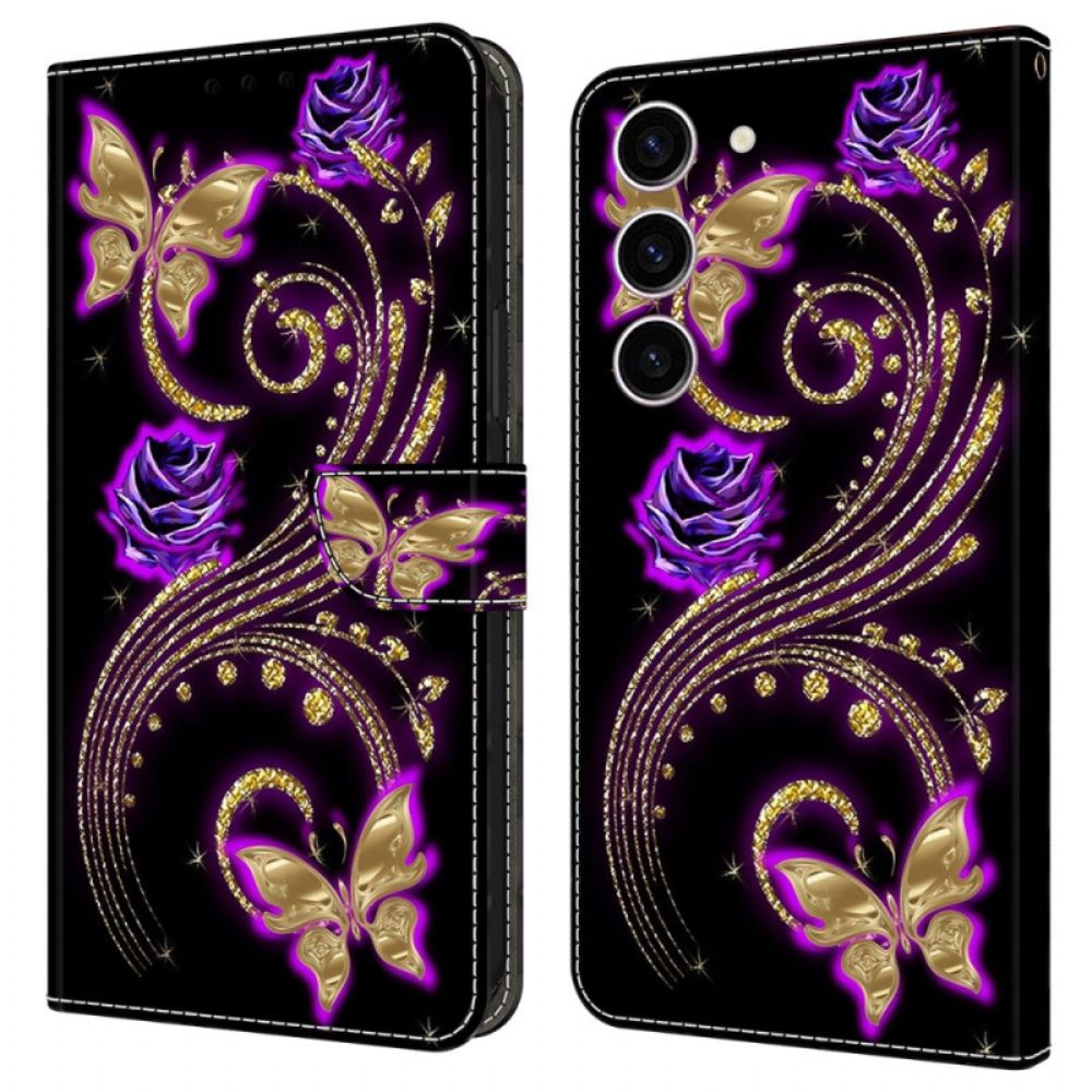 Leren Hoesje Samsung Galaxy S24 5g Violette Bloemen En Vlinders