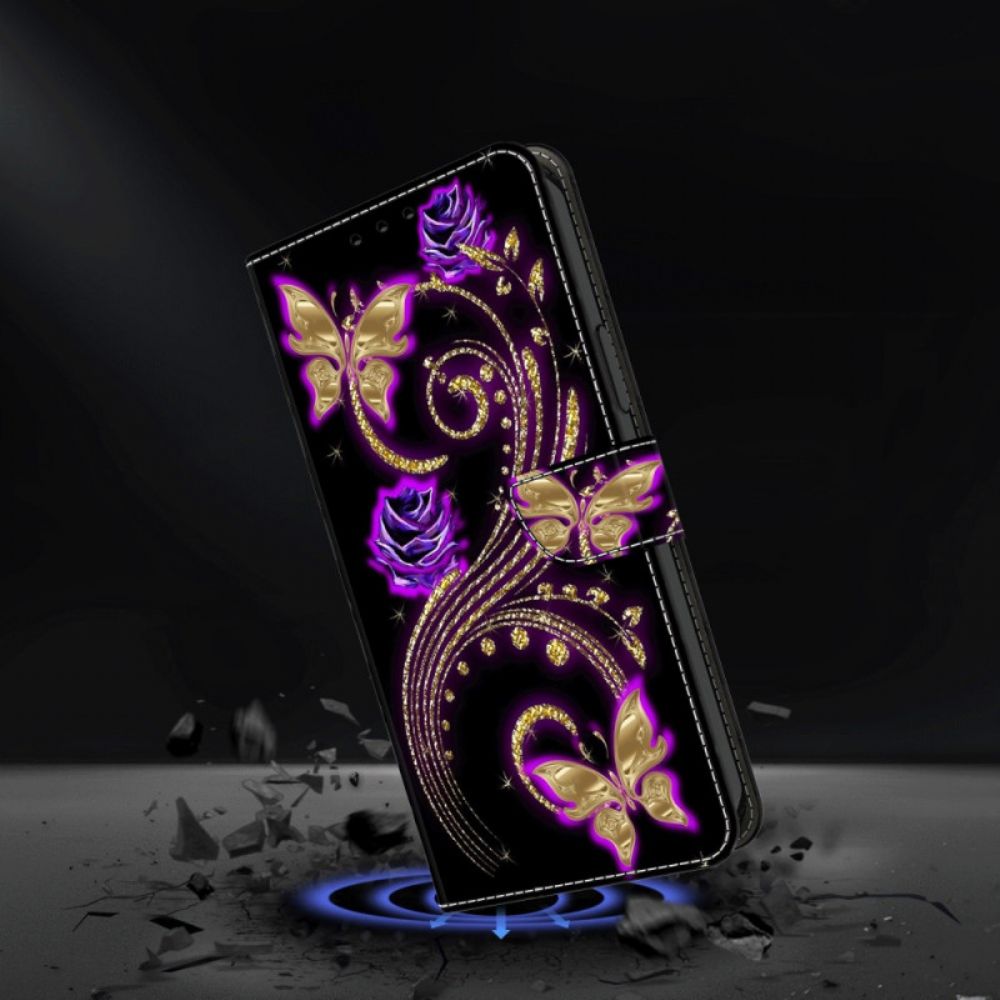 Leren Hoesje Samsung Galaxy S24 5g Violette Bloemen En Vlinders