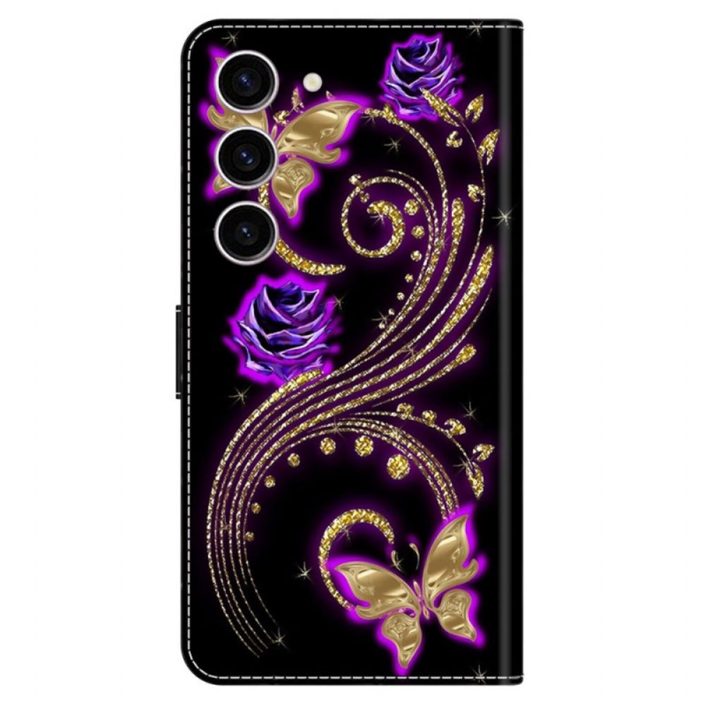 Leren Hoesje Samsung Galaxy S24 5g Violette Bloemen En Vlinders