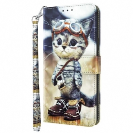 Leren Hoesje Samsung Galaxy S24 5g Vliegenier Kat Met Riem