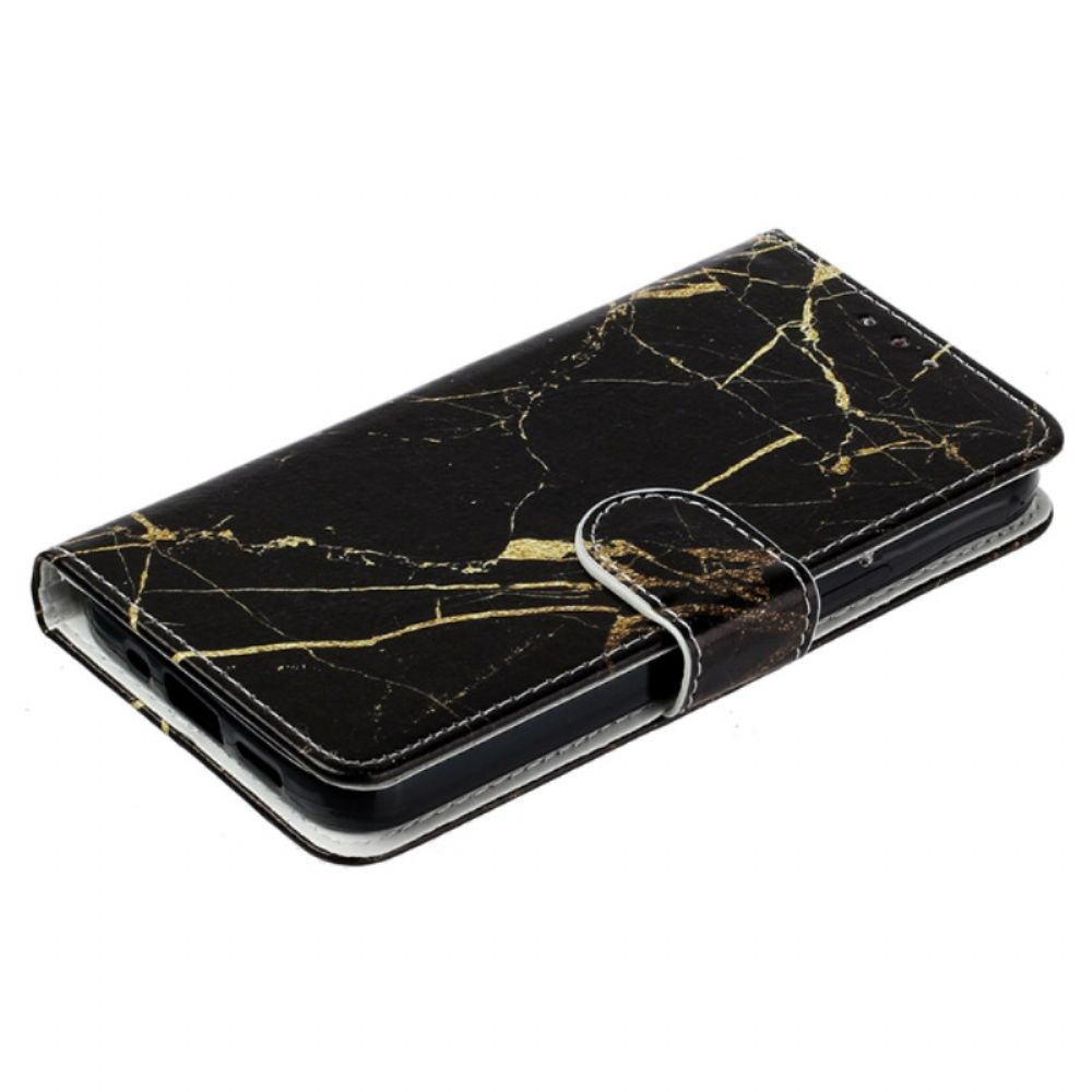 Leren Hoesje Samsung Galaxy S24 5g Zwart En Goud Marmer Met Riem