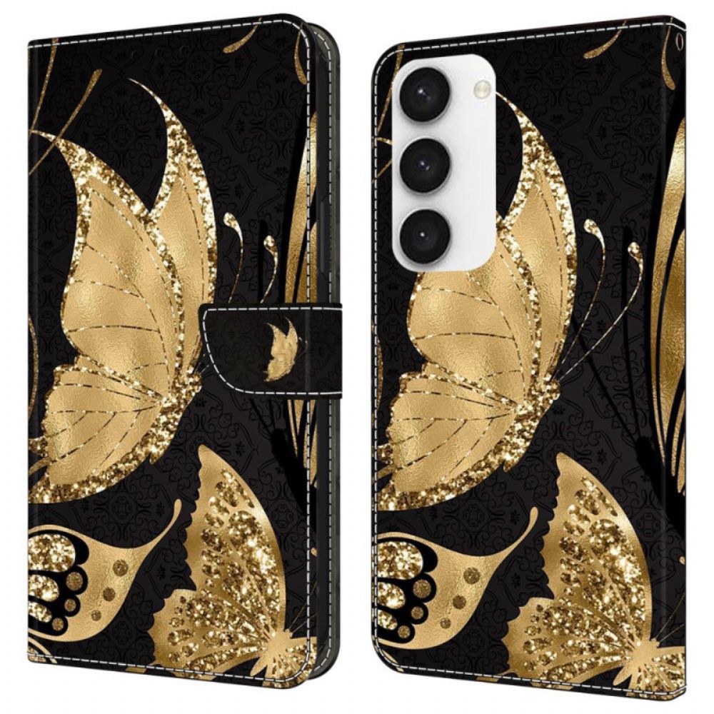 Leren Hoesje Voor Samsung Galaxy S24 5g Gouden Vlinders