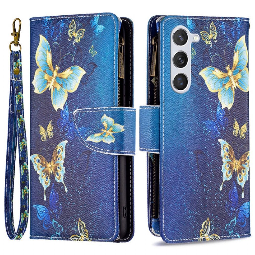 Leren Hoesje Voor Samsung Galaxy S24 5g Gouden Vlinders Portemonnee Met Riem