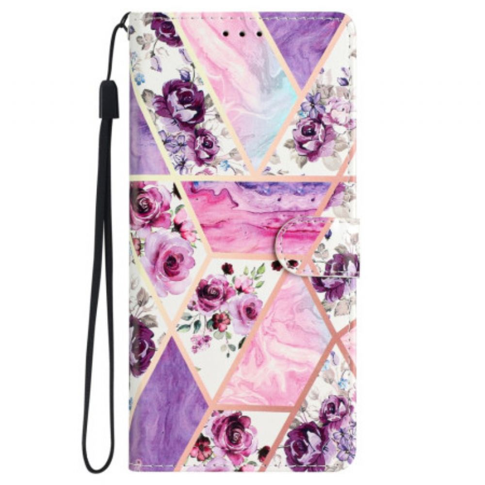 Leren Hoesje Voor Samsung Galaxy S24 5g Marmer Paarse Bloemen Met Riem